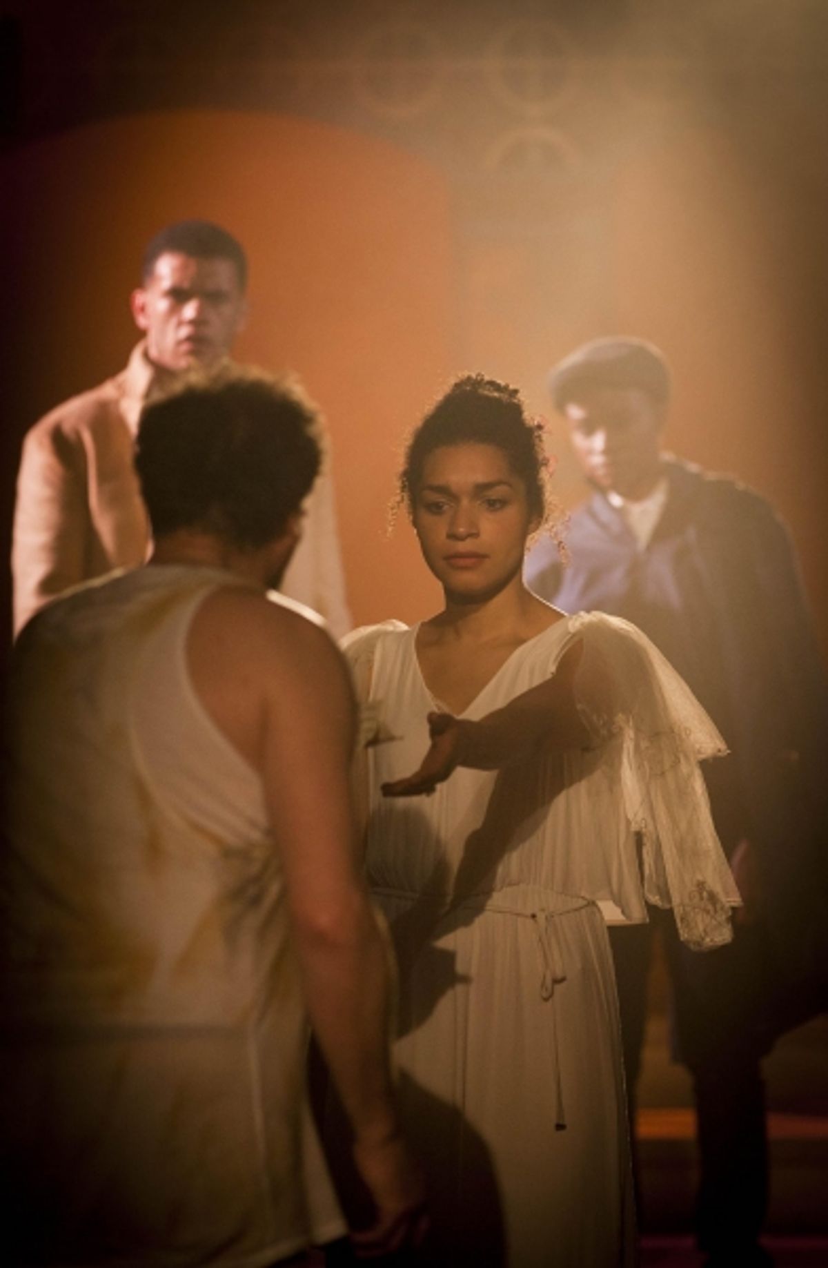 Malvolio (Tony Bell), Orsino (Julian Moore-Cook), Olivia (Olivia Onyehara) and Viola (Pepter Lunkuse) at 