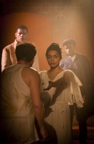 Malvolio (Tony Bell), Orsino (Julian Moore-Cook), Olivia (Olivia Onyehara) and Viola  Photo