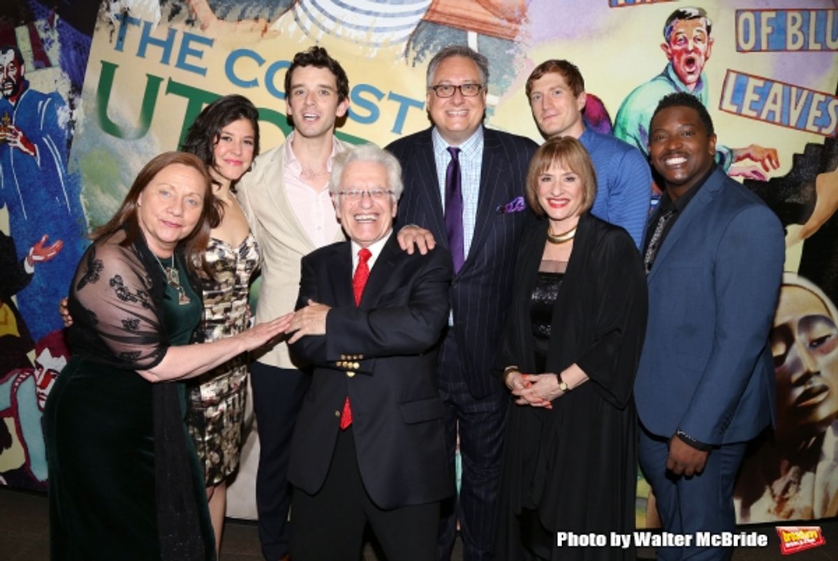 Dale Soules, Zoe Winters, Michael Urie, Jerry Zaks, Douglas Carter Beane, Patti LuPone, Jordan Dean and Lance Coadie Williams during the Opening Night Photo Opportunity for The Lincoln Center Theatre Production of ''Shows For Days''  at The Mitzi E. Newho at 