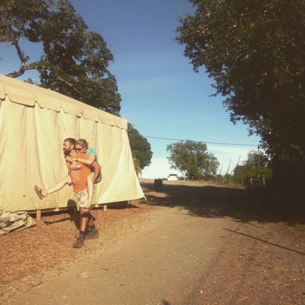Nick Dalton and Shannon O&#39;Bryan skipping through the vineyards on our way to the show. at 