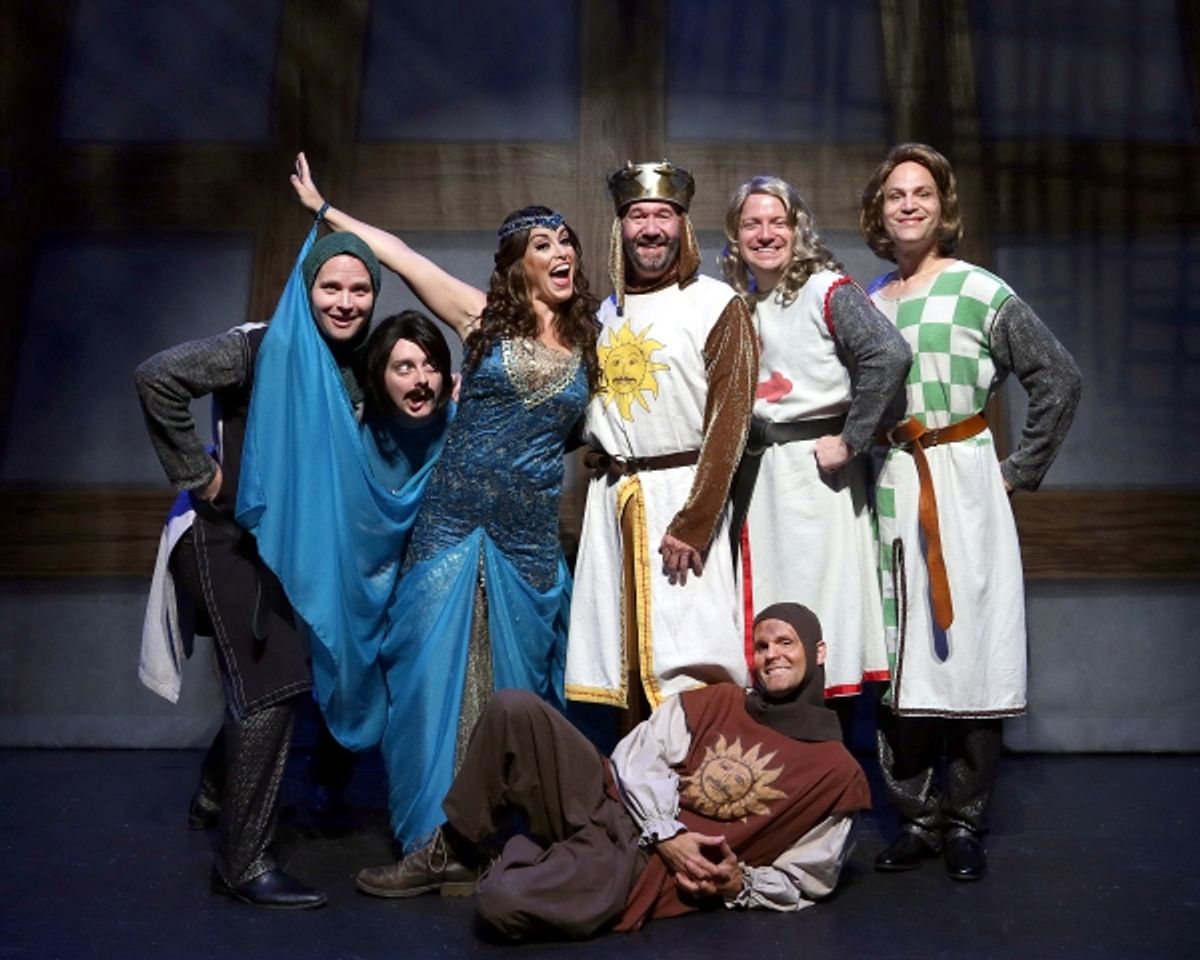Spamalot cast members (left to right) Mark Maddy as Sir Lancelot, Kyle Bochart as Sir Bedevere, Jackie Schmillen as The Lady of the Lake, Kent Fieldsend as King Arthur, Brett Spahr as Patsy (on the floor), Charlie Reese as Sir Galahad, and Brad D. Church  at 