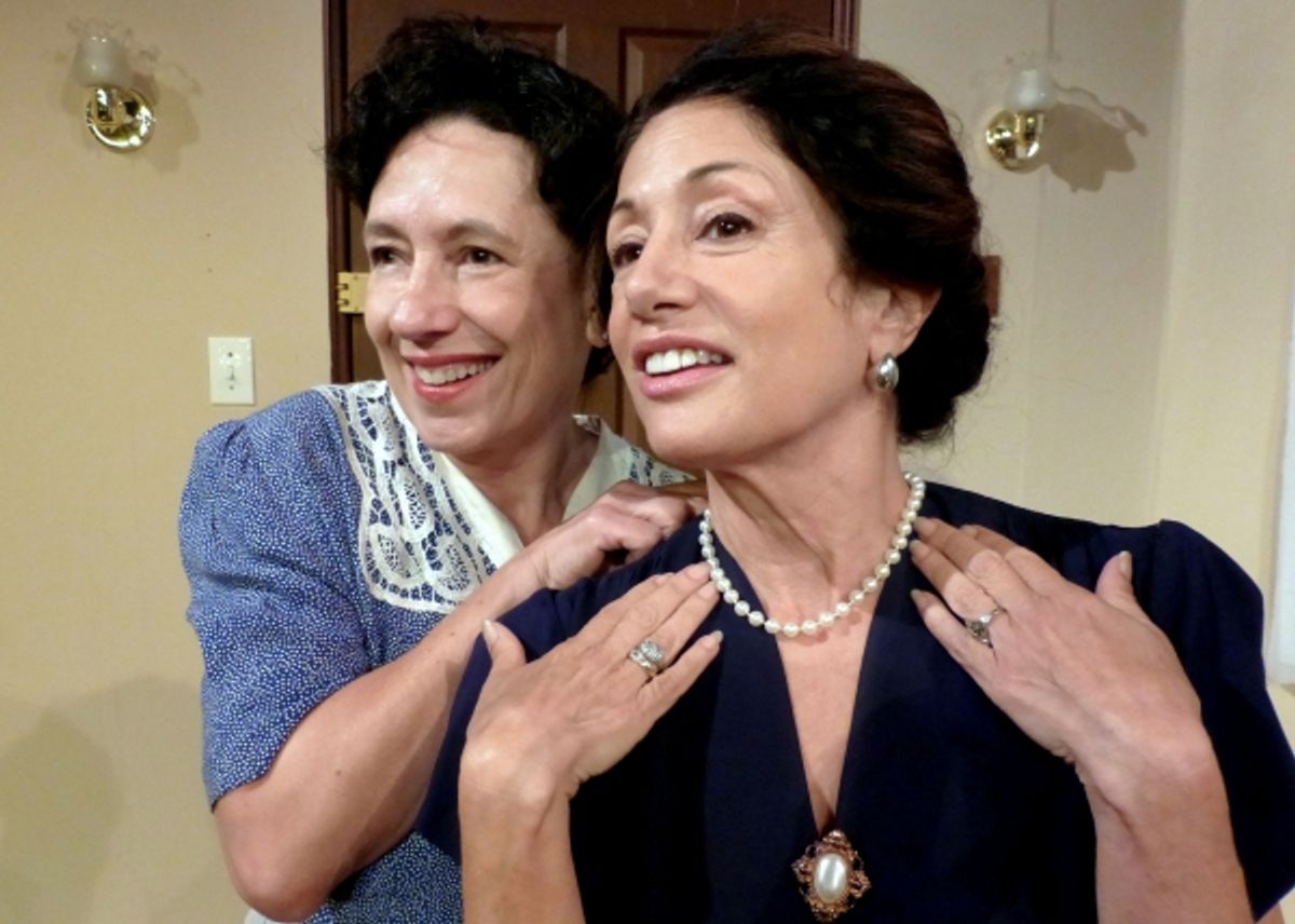 Kate (Lori Kaye) offers her best pearls to Blanche (Veronica Alicino) to wear out on a date at 