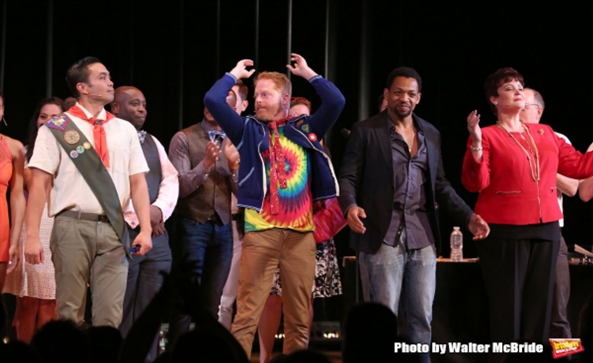 Cast Alumni featuring: Jose Llana, Jesse Tyler Ferguson, Derrick Baskin and Lisa Howard during the Curtain Call for the One Night Only 10th Anniversary Concert of ''The 25th Annual Putnam County Spelling Bee'' at Town Hall on July 6, 2015 in New York City at 