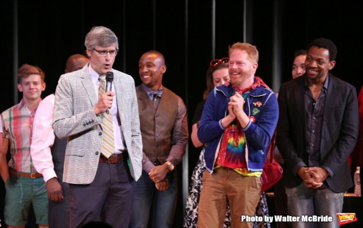 Mo Rocca, Jesse Tyler Ferguson and Derrick Baskin during the Curtain Call for the One Night Only 10th Anniversary Concert of ''The 25th Annual Putnam County Spelling Bee'' at Town Hall on July 6, 2015 in New York City. at 
