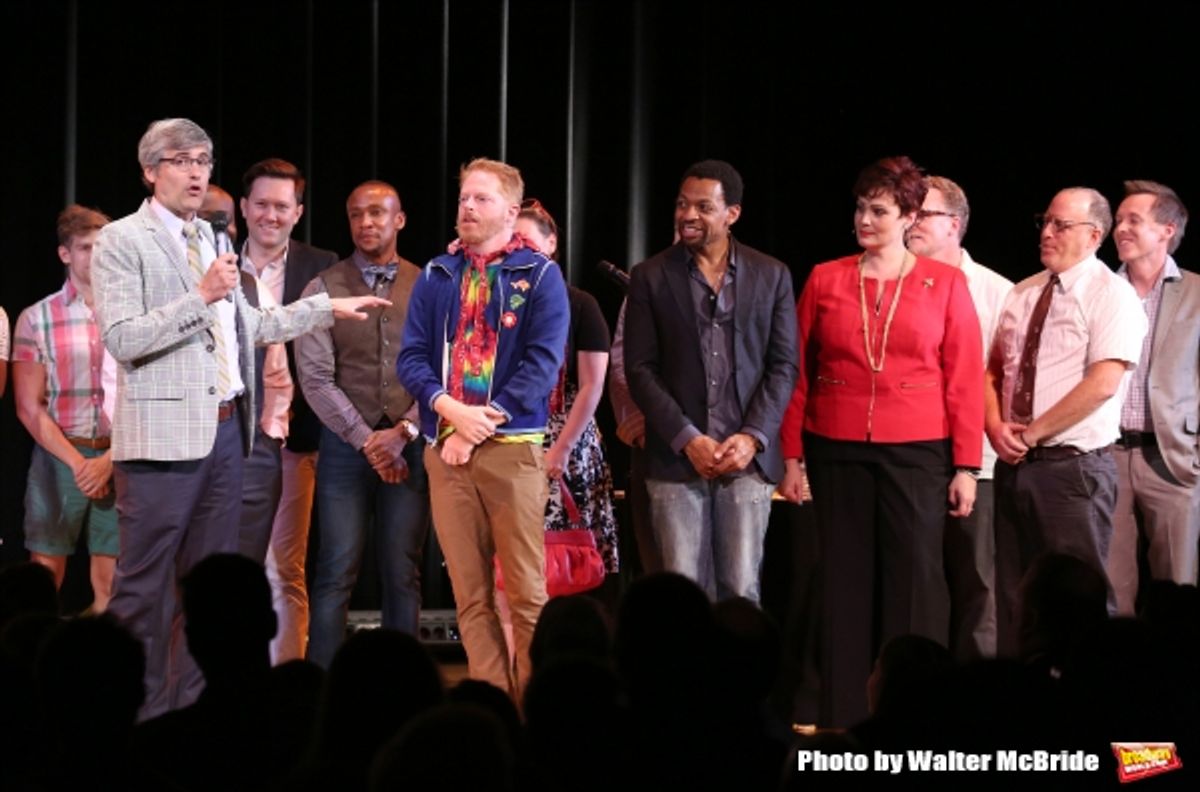 Mo Rocca, Jesse Tyler Ferguson, Derrick Baskin, Lisa Howard and Jay Reiss during the Curtain Call for the One Night Only 10th Anniversary Concert of ''The 25th Annual Putnam County Spelling Bee'' at Town Hall on July 6, 2015 in New York City. at 