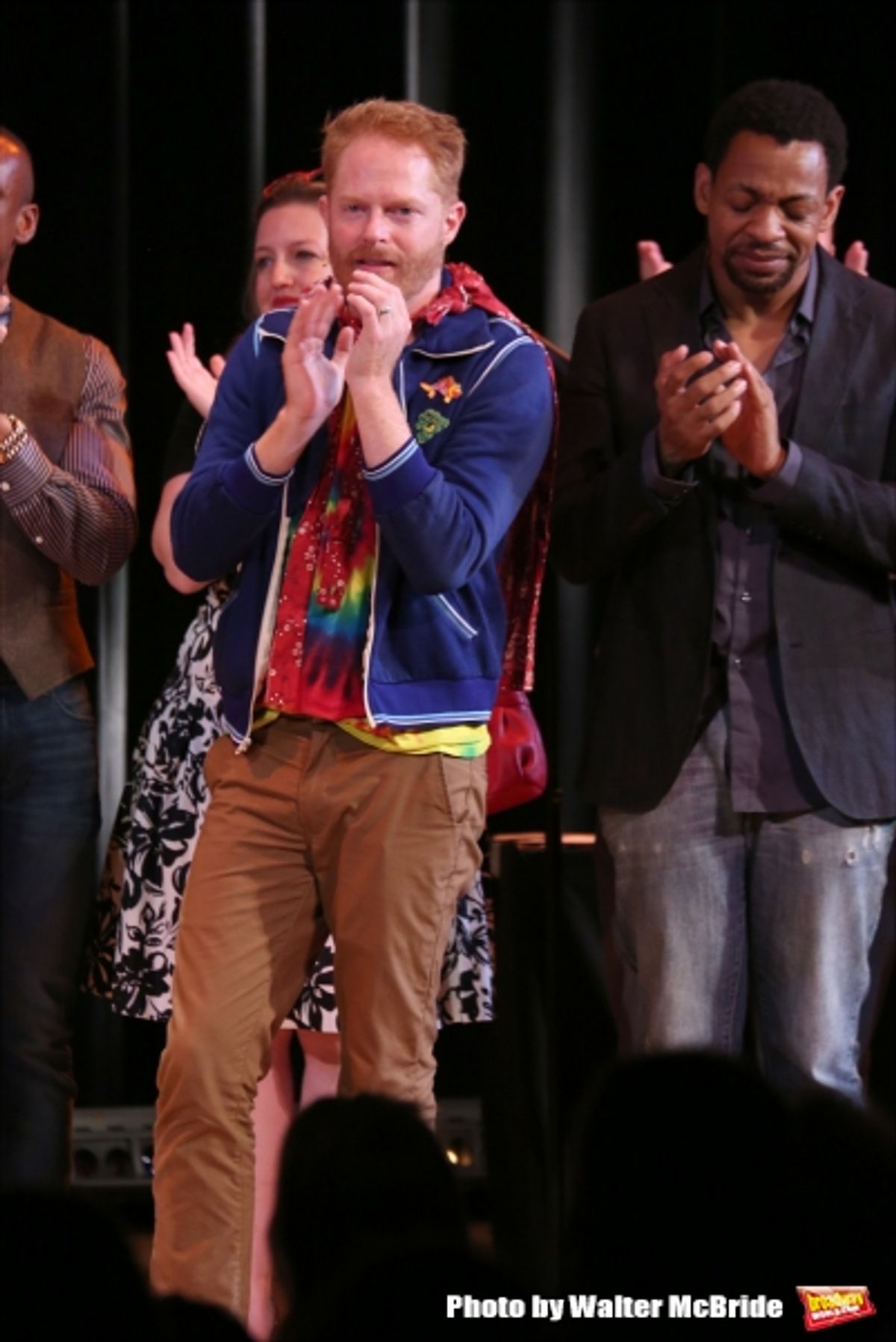 Jennifer Simard, Jesse Tyler Ferguson and Derrick Baskin during the Curtain Call for the One Night Only 10th Anniversary Concert of ''The 25th Annual Putnam County Spelling Bee'' at Town Hall on July 6, 2015 in New York City. at 