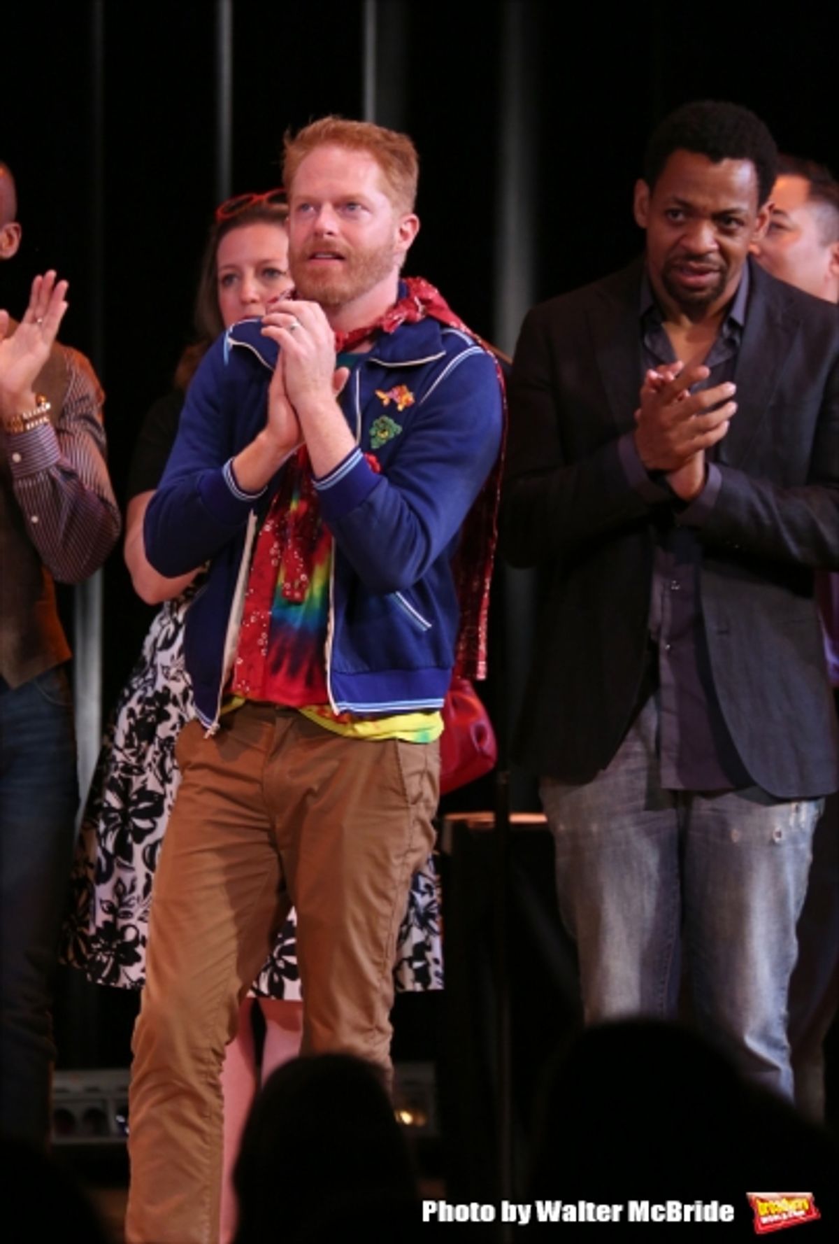 Jennifer Simard, Jesse Tyler Ferguson and Derrick Baskin during the Curtain Call for the One Night Only 10th Anniversary Concert of ''The 25th Annual Putnam County Spelling Bee'' at Town Hall on July 6, 2015 in New York City. at 