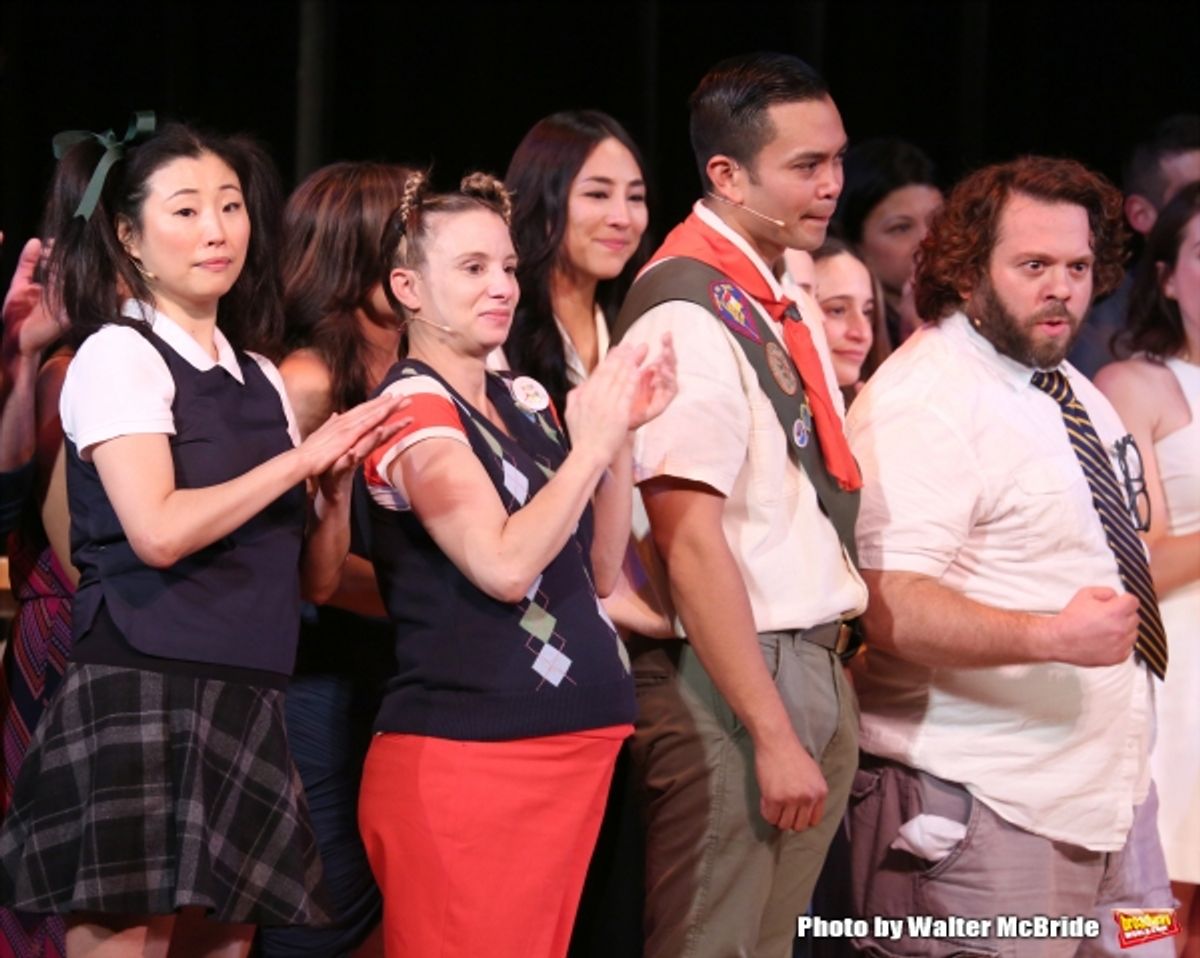 Deborah S. Craig, Sarah Saltzberg, Jose Llana and Dan Fogler during the Curtain Call for the One Night Only 10th Anniversary Concert of ''The 25th Annual Putnam County Spelling Bee'' at Town Hall on July 6, 2015 in New York City. at 