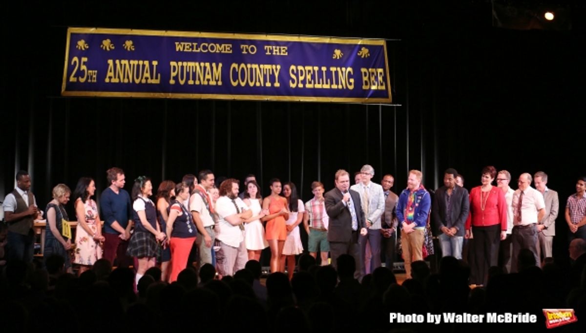 John Gordon with cast alumni during the Curtain Call for the One Night Only 10th Anniversary Concert of ''The 25th Annual Putnam County Spelling Bee'' at Town Hall on July 6, 2015 in New York City. at 