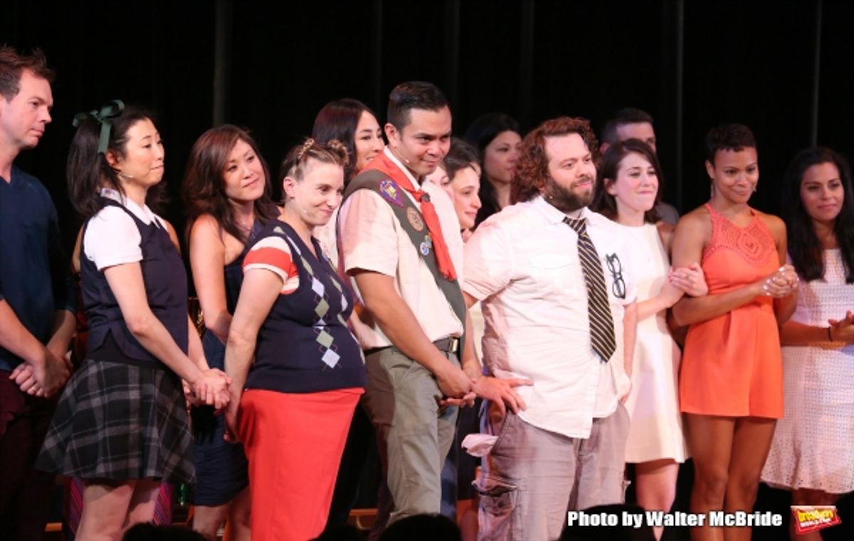 Cast Alumni featuring: Deborah S. Craig, Sarah Saltzberg, Jose Llana, Dan Fogler during the Curtain Call for the One Night Only 10th Anniversary Concert of ''The 25th Annual Putnam County Spelling Bee'' at Town Hall on July 6, 2015 in New York City. at 