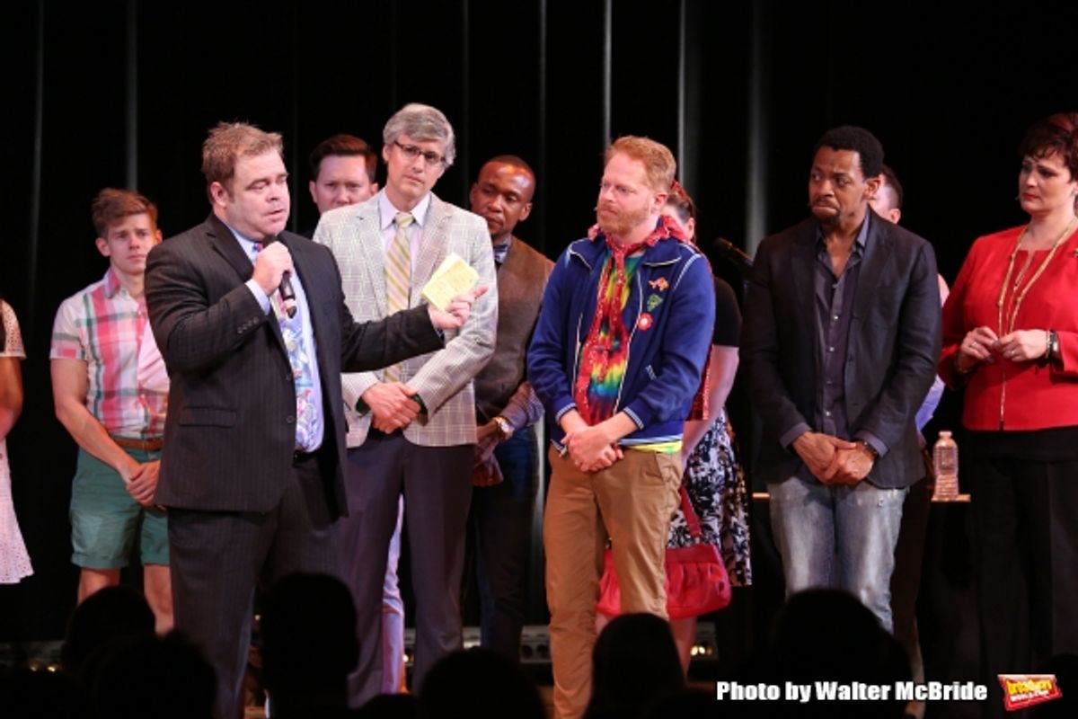John Gordon with cast alumni during the Curtain Call for the One Night Only 10th Anniversary Concert of ''The 25th Annual Putnam County Spelling Bee'' at Town Hall on July 6, 2015 in New York City. at 