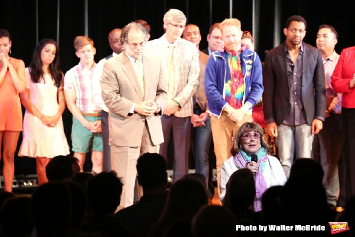 Phyllis Newman with Cast Alumni cast during the Curtain Call for the One Night Only 10th Anniversary Concert of ''The 25th Annual Putnam County Spelling Bee'' at Town Hall on July 6, 2015 in New York City. at 