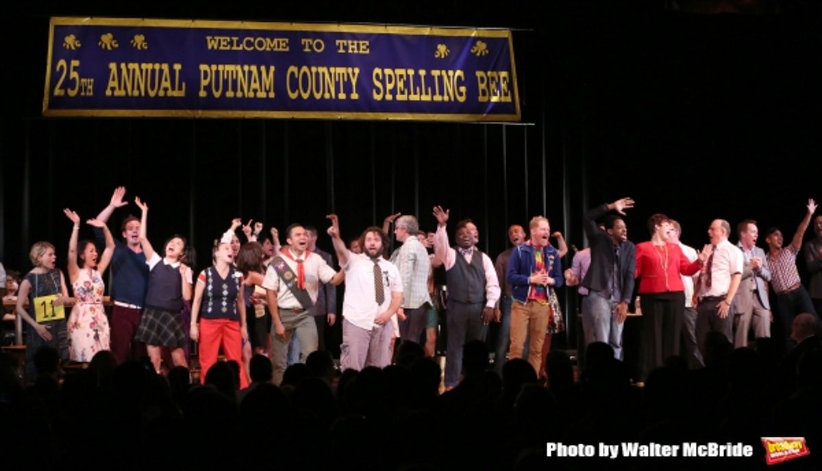 Mo Rocca with Cast Alumni featuring: Celia Keenan-Bolger, Jenni Barber, Dan Folger, Deborah S. Craig, Sarah Saltzberg, Jose Llana, Andrew Keenan-Bolger, Jesse Tyler Ferguson, Derrick Baskin, Lisa Howard and Jay Reiss during the Curtain Call for the One Ni at 
