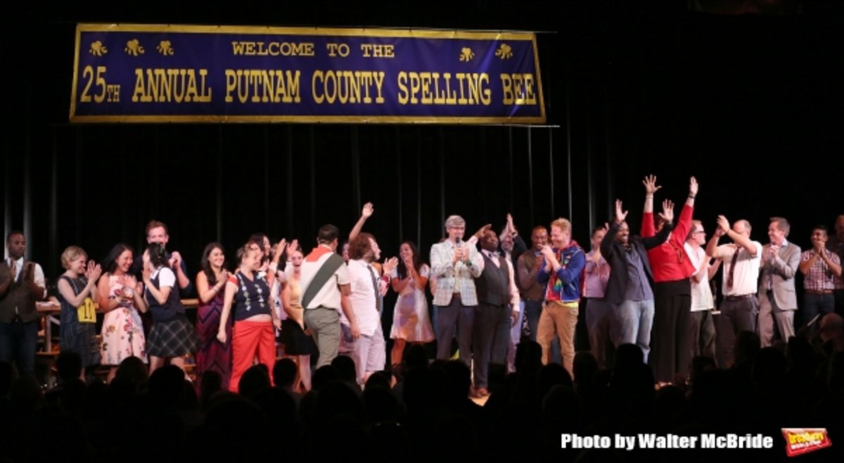 Mo Rocca with Cast Alumni featuring: Celia Keenan-Bolger, Jenni Barber, Dan Folger, Deborah S. Craig, Sarah Saltzberg, Jose Llana, Andrew Keenan-Bolger, Jesse Tyler Ferguson, Derrick Baskin, Lisa Howard and Jay Reiss during the Curtain Call for the One Ni at 