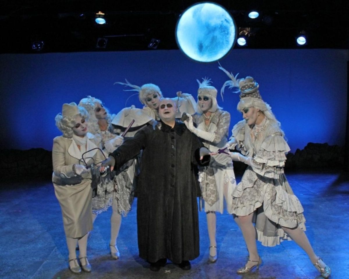Uncle Fester sings to his love, the moon: Liz Fallon, Cassie Bednall, Katrina Gnatek, Lionel Ruland (as Uncle Fester), Courtney Lynn Pierchoski and Rachel Womble at 