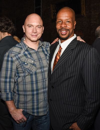 Tony winner Michael Cerveris congratulating ACAPPELLA producer Greg Cooper at the NYM Photo