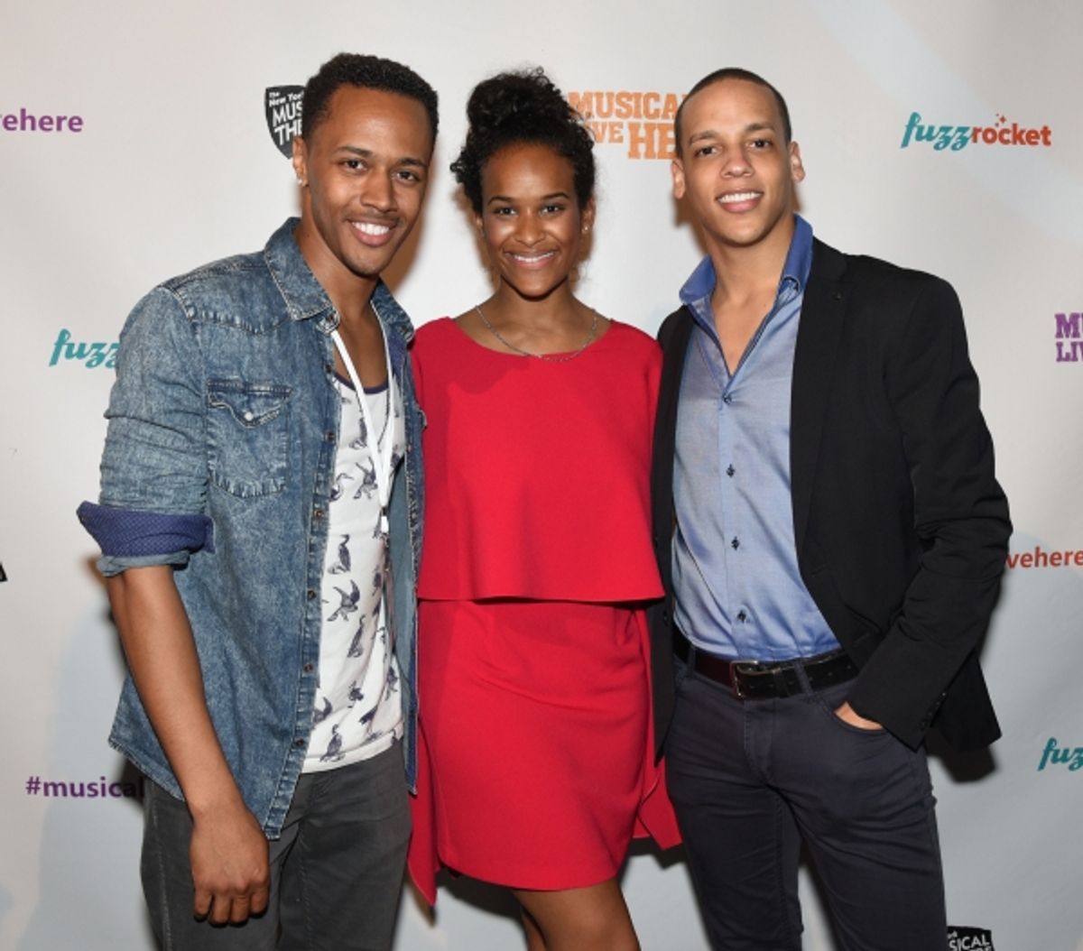 Anthony Chatmon II, Darilyn Castillo and Tyler Hardwick of ACAPPELLA at the NYMF opening party. at 