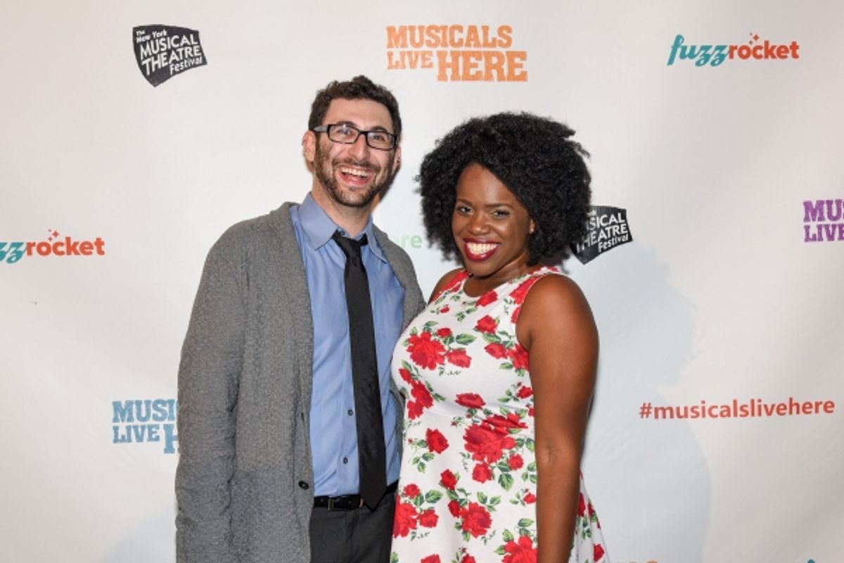Evan Feist, ACAPPELLA Music ', with performer Janelle McDermoth at the NYMF opening party. at 