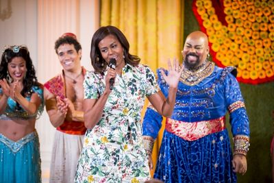 First Lady Michelle Obama and the cast of ALADDIN (Courtney Reed, Adam Jacobs and Jam Photo