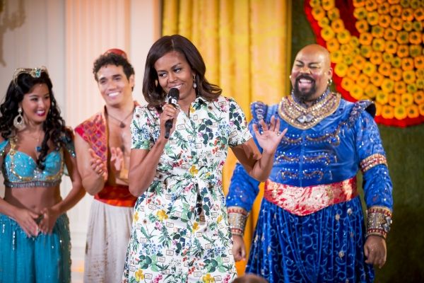 First Lady Michelle Obama and the cast of ALADDIN (Courtney Reed, Adam Jacobs and Jam Photo