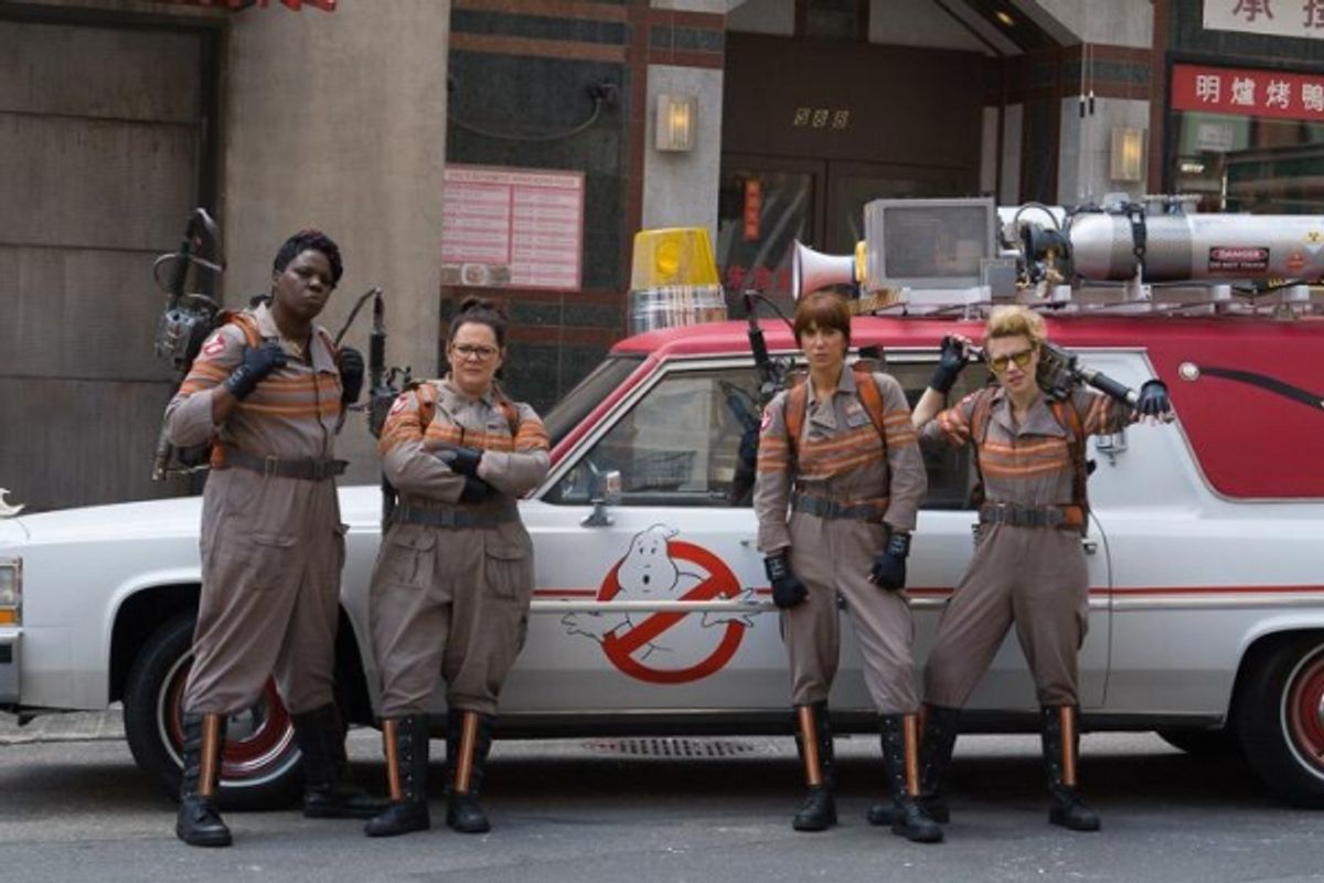 Leslie Jones, Melissa McCarthy, Kristen Wiig and Kate McKinnon in costume for the GHOSTBUSTERS reboot. at 