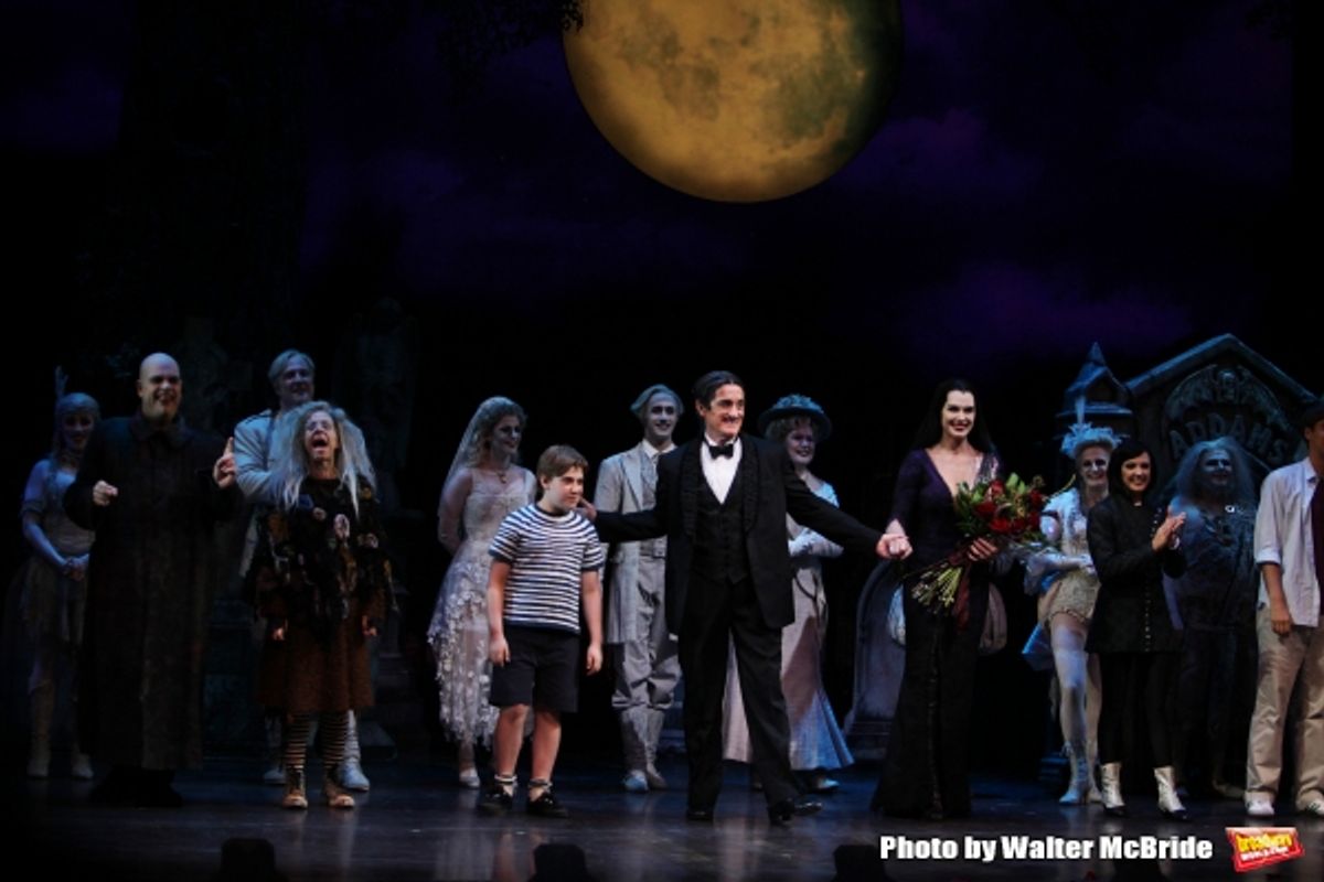 Brooke Shields as Morticia Addams with Brad Oscar, Zachary James, Jackie Hoffman, Adam Riegler, Roger Rees, Rachel Potter at 