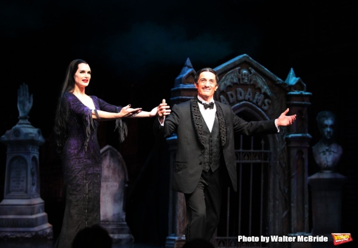 Brooke Shields as Morticia Addams & Roger Rees with Ensemble.at the Curtain Call for her debut in ''The Addams Family'' at the Lunt-Fontanne Theatre  in New York City. at 