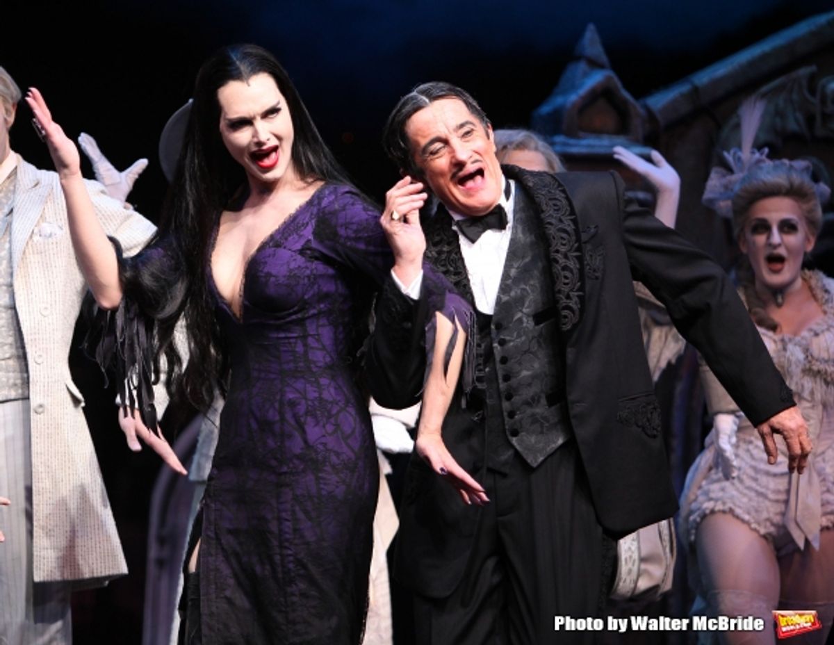 Brooke Shields as Morticia Addams & Roger Rees with Ensemble.at the Curtain Call for her debut in ''The Addams Family'' at the Lunt-Fontanne Theatre  in New York City. at 