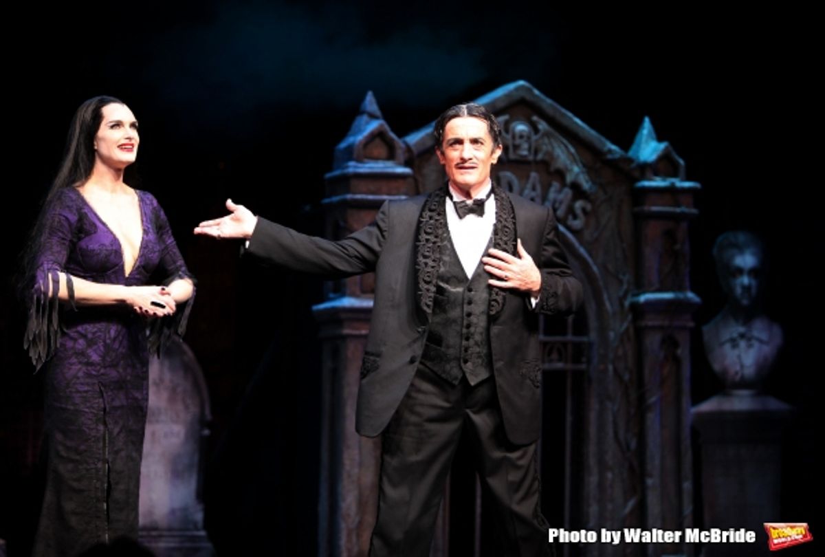 Brooke Shields as Morticia Addams & Roger Rees .at the Curtain Call for her debut in ''The Addams Family'' at the Lunt-Fontanne Theatre  in New York City. at 