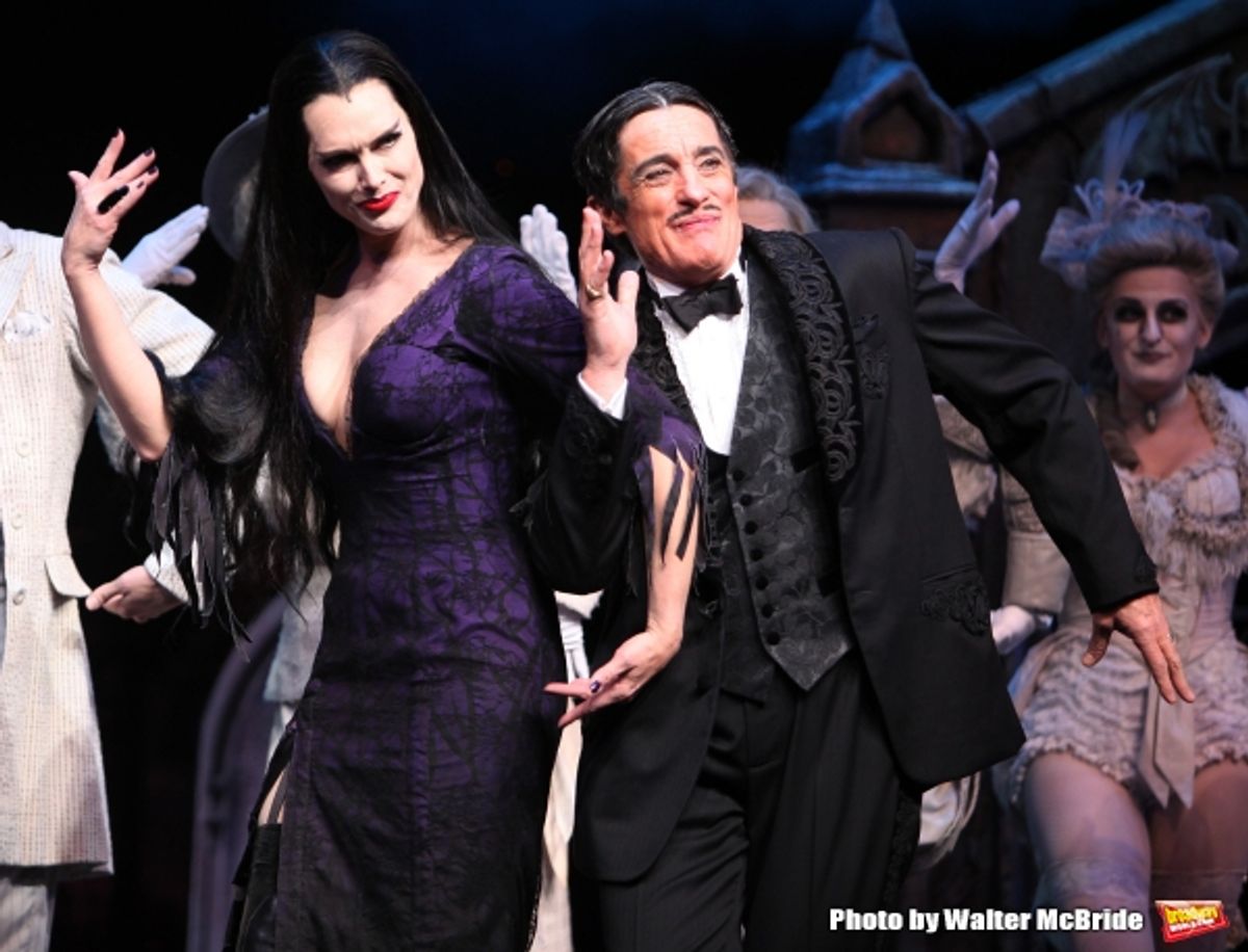 Brooke Shields as Morticia Addams & Roger Rees .at the Curtain Call for her debut in ''The Addams Family'' at the Lunt-Fontanne Theatre  in New York City. at 