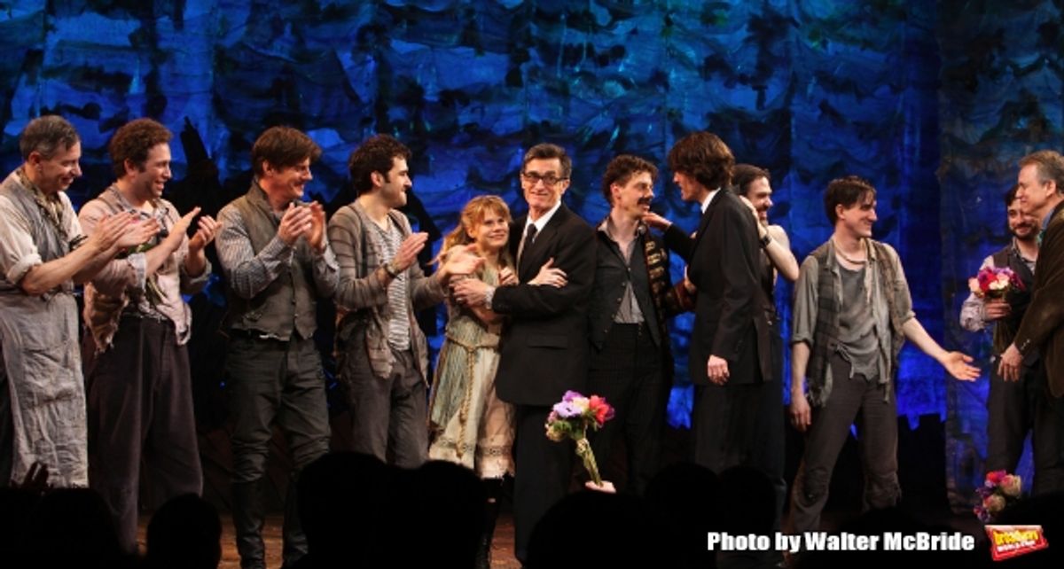 Arnie Burton, John Sanders, Rick Holmes, Adam Chandler-Berat, Celia Keenan-Bolger, Roger Rees, Christian Borle, Alex Timbers, Rick Elice, Kevin Del Aguila & Carson Elrod with Ebsemble.during the Broadway Opening Night Performance Curtain Call for ''Peter  at 