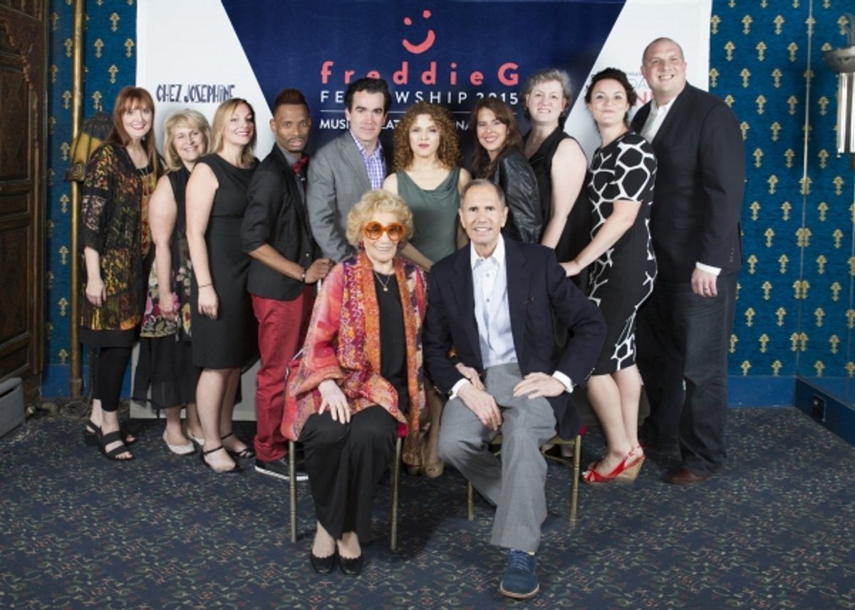 (front row) Myrna and Freddie Gershon; (back row) Debbie Rollins, Dee Anne Bryll, Erin Langley, Jose Rondon Jr., Brian d''Arcy James, Bernadette Peters, Beatrice (Bibi) Balerdi, Lisa Morrow, Allison Isom, Ryan Olson at 