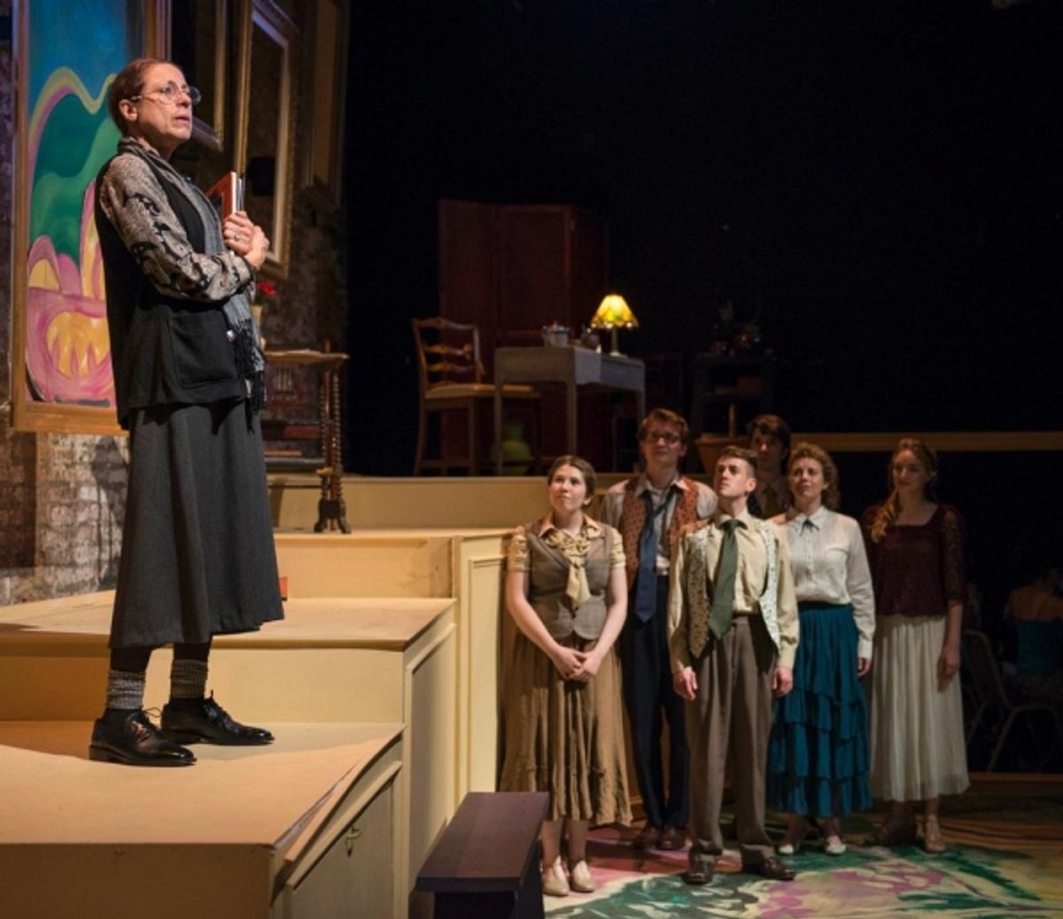 Aaron Buinis as Gertrude Stein with Maisie Rose, Jake Morrissy, Andrew Lund, George Toles, Sarah Hayes and Stephanie Stockstill at 