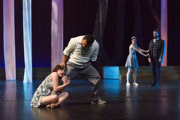 Lydia Hiller as Hermia and Brandon Saunders as Lysander with Laurel Schroeder as Shel Photo