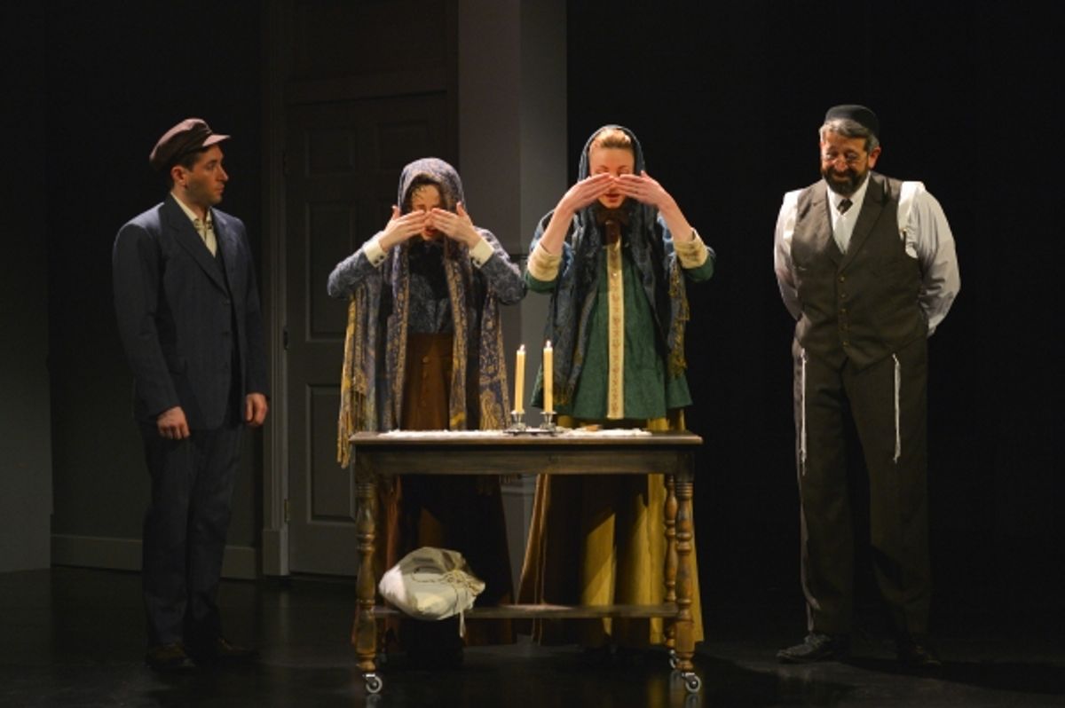 Vincenzo (Zachary Prince) observes as Sarah (Megan McGinnis), Chaya (Sharon Rietkerk), and their father Isaac (Rolf Saxon) say shabbos prayers at 