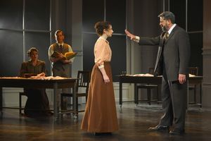 Theresa (Laura D''Andre) and Vincenzo (Zachary Prince) see Sarah (Megan McGinnis) fired from her job in the Triangle Shirtwaist Factory by her boss (Rolf Saxon) @ BroadwayWorld Theresa (Laura D''Andre) and Vincenzo (Zachary Prince) see Sarah (Megan McGinnis) fir Photo