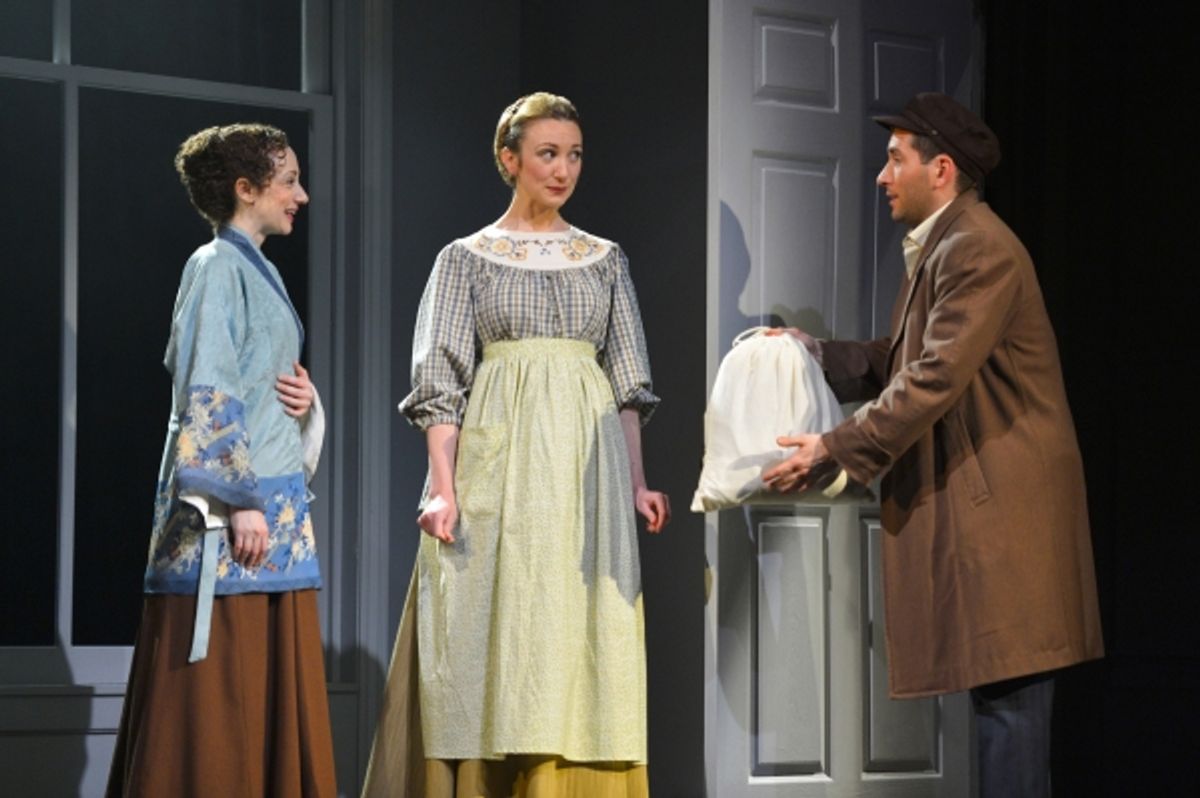 Sarah (Megan McGinnis) and Chaya (Sharon Rietkerk) take sewing work from Vincenzo (Zachary Prince), a secret admirer of Sarah at 