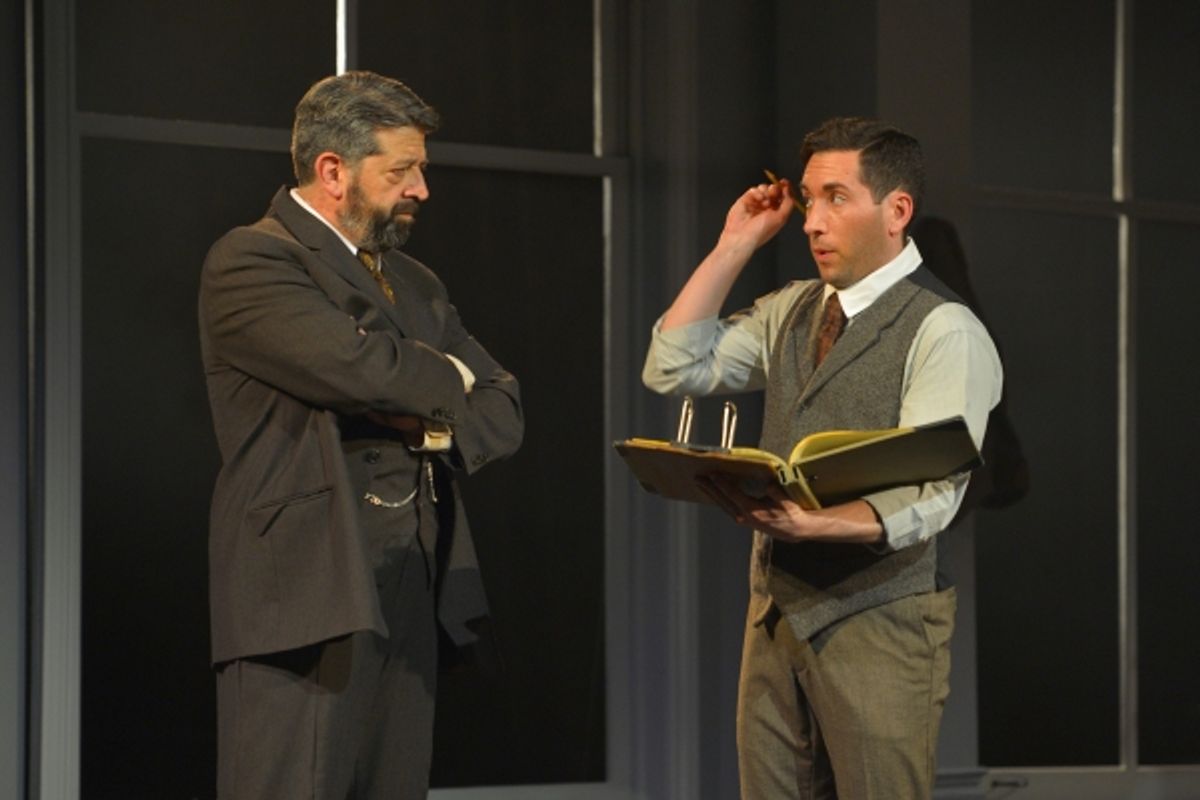 Boss (Rolf Saxon) makes sure Vincenzo (Zachary Prince) is meeting his quotas in the Triangle Shirtwaist Factory at 