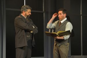 Boss (Rolf Saxon) makes sure Vincenzo (Zachary Prince) is meeting his quotas in the Triangle Shirtwaist Factory @ BroadwayWorld Boss (Rolf Saxon) makes sure Vincenzo (Zachary Prince) is meeting his quotas in the T Photo