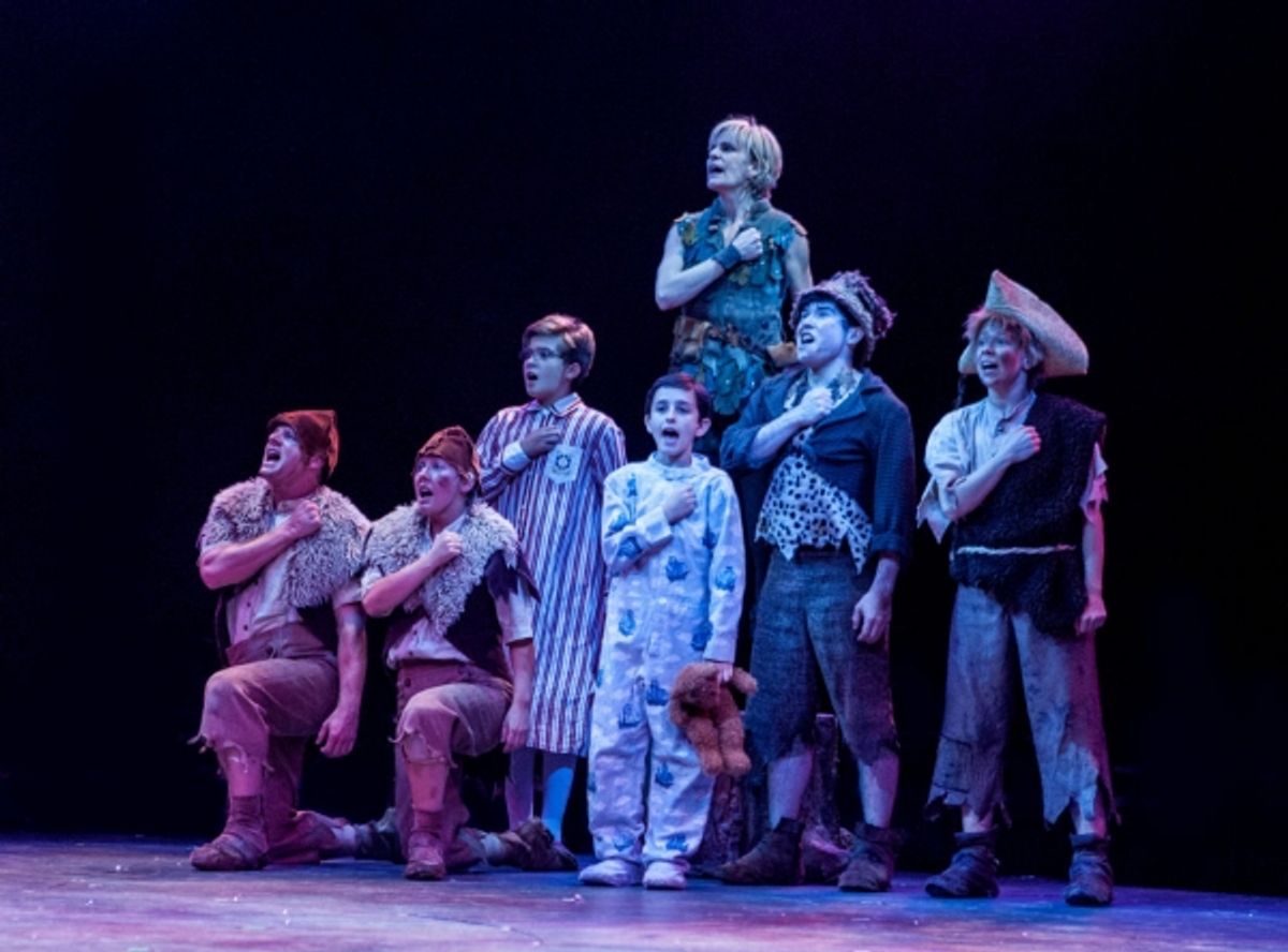 Michael McGurk as 2nd Twin, Sarah Marie Jenkins as 1st Twin, Aidan Winn as John Darling, Joshua Davis as Michael Darling, Jenn Colella as Peter Pan (back), Andy Richardson as Slightly and Maria Briggs as Tootles  at 