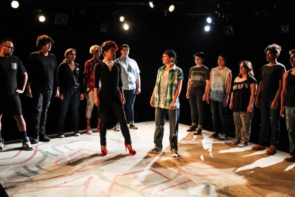 Jimbo Pestano and Nikki R. Veit with the cast of About Face Youth Theatre Ensemble&#39;s 15 BREATHS at 