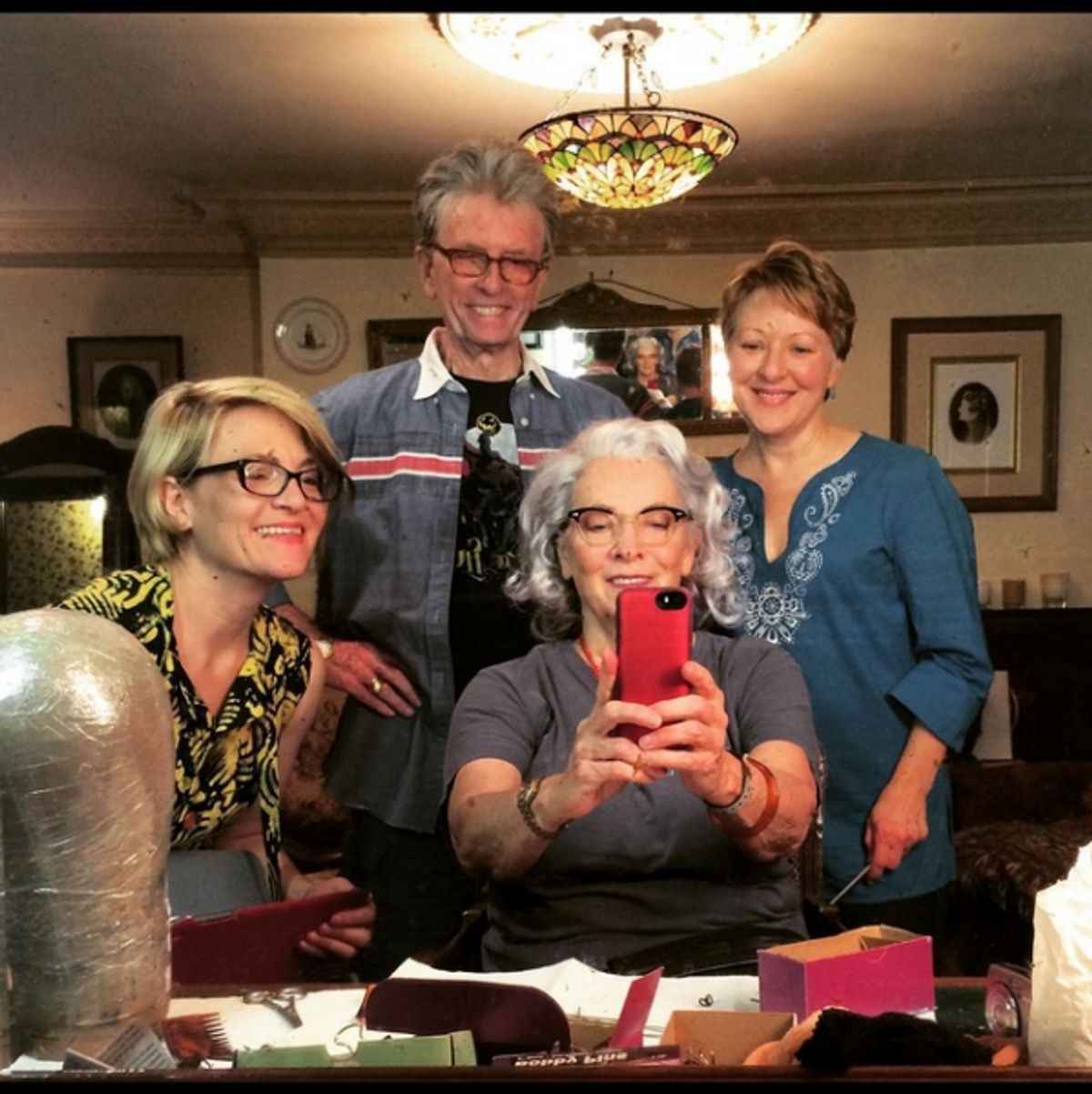 Betty Buckley with costume designer Ilona Somogyi, wig designer Paul Huntley and wig mistress Inga Thrasher at 