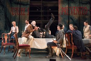 King Lear (Will Lyman) and Fool (BranDon Whitehead) with the soldiers Photo