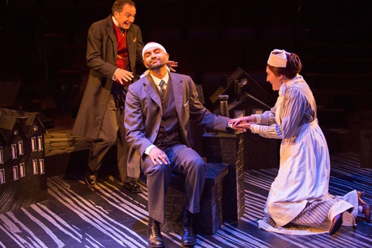 Euan Morton as Sherlock Holmes, Usman Ally as Doctor Watson, and Liz Wisan as Nurse Malloy at 