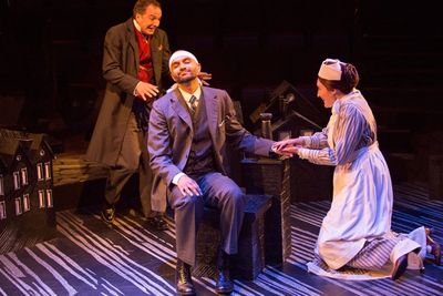 Euan Morton as Sherlock Holmes, Usman Ally as Doctor Watson, and Liz Wisan as Nurse M Photo
