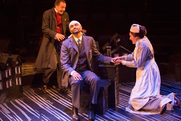 Euan Morton as Sherlock Holmes, Usman Ally as Doctor Watson, and Liz Wisan as Nurse M Photo