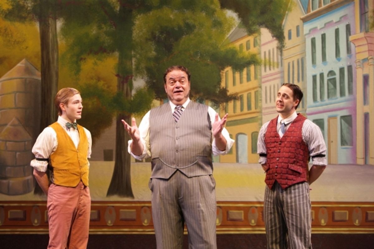 Horace Vandergelder (Bill Nolte) explains his view of the fairer sex to his clerks Barnaby (Patrick Garr) and Cornelius (Steve Hitchcock) as he sings ''It Takes a Woman'' at 