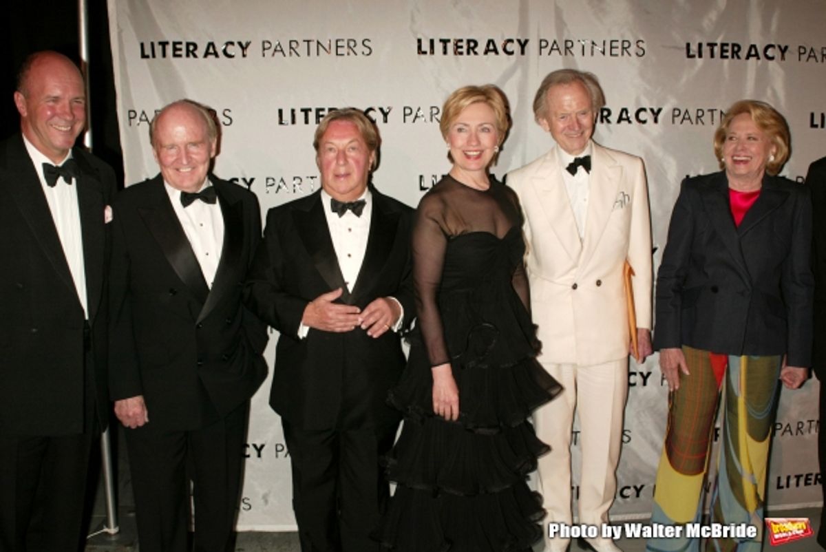 Simon Winchester, Jack Welch, Arnold Scaasi, Hillary Rodham Clinton, Tom Wolfe and Liz Smith attending  the Literacy Partners 20th  Annual Gala, AN EVENING OF READINGS at Lincoln Center, Honoring Tom Brokaw, Tim Russert and Jack Welch on May 3, 2004 at Li at 