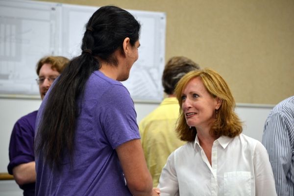 Susan V. Booth greets actor Jeremy Proulx Photo