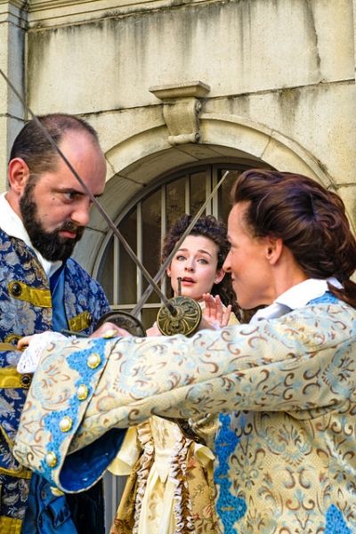 Chad Gowen Spear (Bernard), Amber Marie Flores (Constance), and Marianne Galloway (Ju Photo